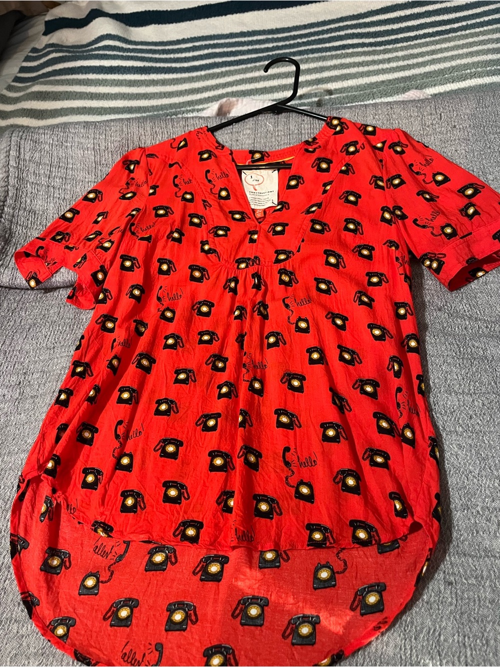Anthropologie Red Telephone-Print Short Sleeve Tunic